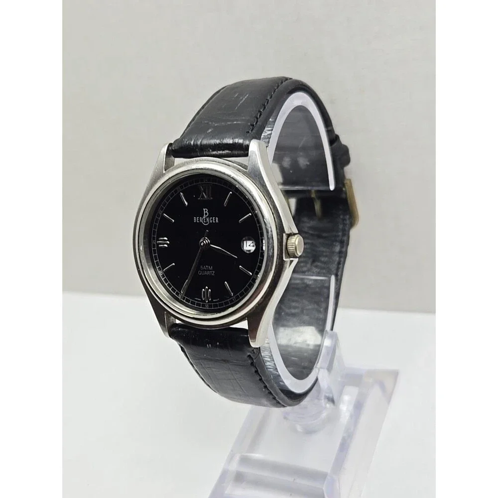 Berenger 36mm Quartz Date Watch New Battery Black Dial Silver Steel Leather 5ATM